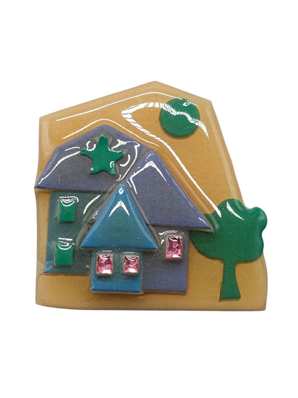Handmade Lucinda House Pin Brooch Colorful 3D Design Tree & Star